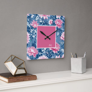 delft blue & pink vintage Beautiful Garden Flowers Square Wall Clock