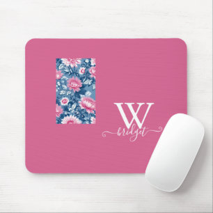 delft blue & pink Vintage Modern Floral Mouse Mat