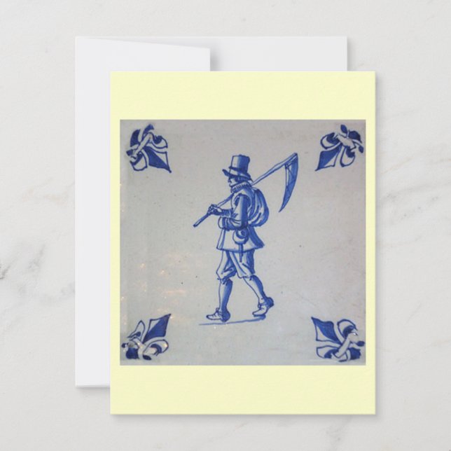 Delft Blue Tile - Mower Carrying Scythe or Sickle Invitation (Front)