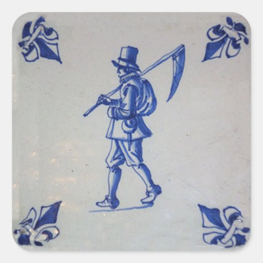 Image of Delft Blue Tile - Mower Carrying Scythe or Sickle Square Sticker