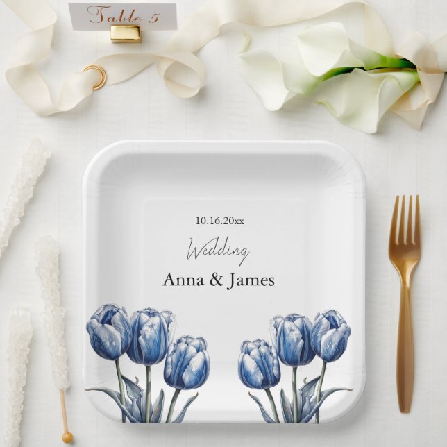 Delft Blue Tulip, custom Paper Plate (Wedding)