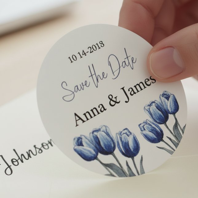 Delft Blue Tulip Wedding Program Classic Round Sticker (Creator Uploaded)