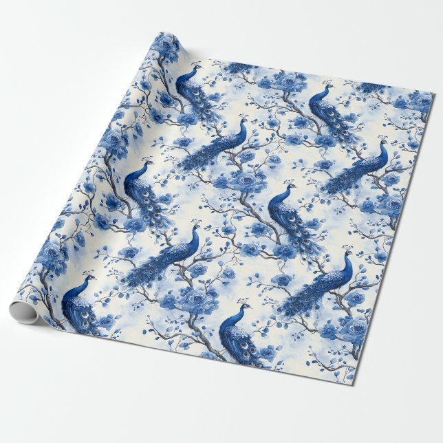 Delft Blue Vintage Blue French Chinoiserie Peacock Wrapping Paper (Unrolled)