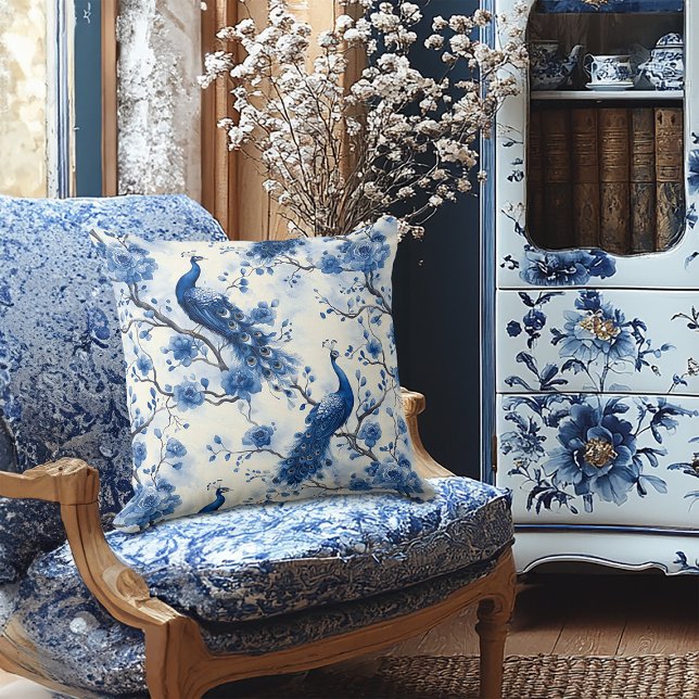 Delft Blue Vintage French Chinoiserie Peacock Cushion (Creator Uploaded)