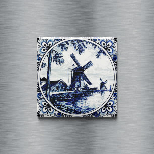 Delft Blue Vintage Windmill Farmhouse Painting Magnet