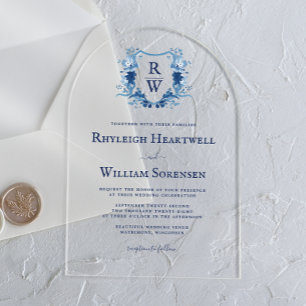 Delft Blue Watercolor Monogram Crest Arch Wedding Acrylic Invitations
