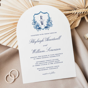 Delft Blue Watercolor Monogram Crest Arch Wedding Invitation