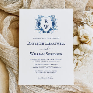 Delft Blue Watercolor Monogram Crest Wedding Invitation