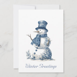 Delft Blue Watercolor Snowman Holiday Card