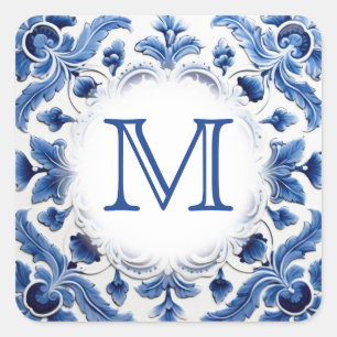 delft blue wedding monogram  square sticker