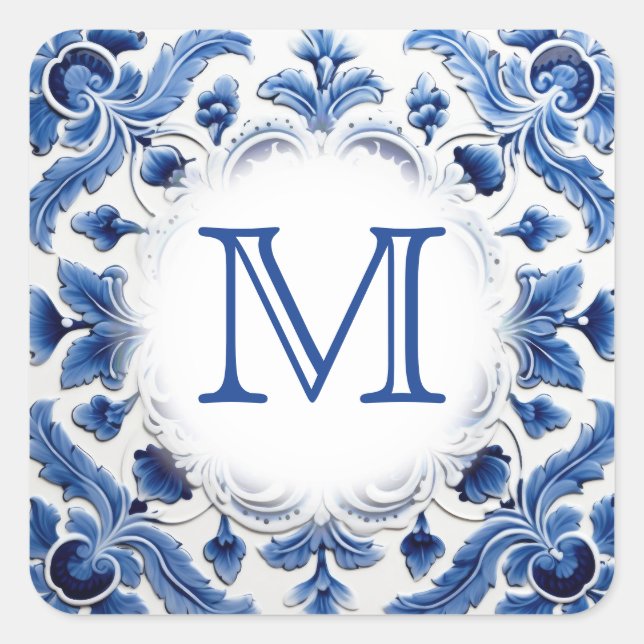 delft blue wedding monogram  square sticker (Front)