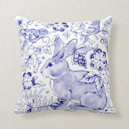 Delft Blue White Bunny Rabbit Birds Dedham Elegant Cushion