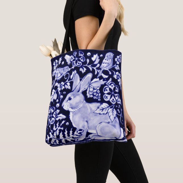 Delft Blue White Bunny Rabbit Birds Rustic Dedham Tote Bag (Close Up)