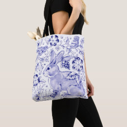 Delft Blue White Bunny Rabbit Birds Rustic Dedham Tote Bag