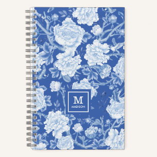Delft Blue White Chinoiserie Bird Peonies Monogram Notebook