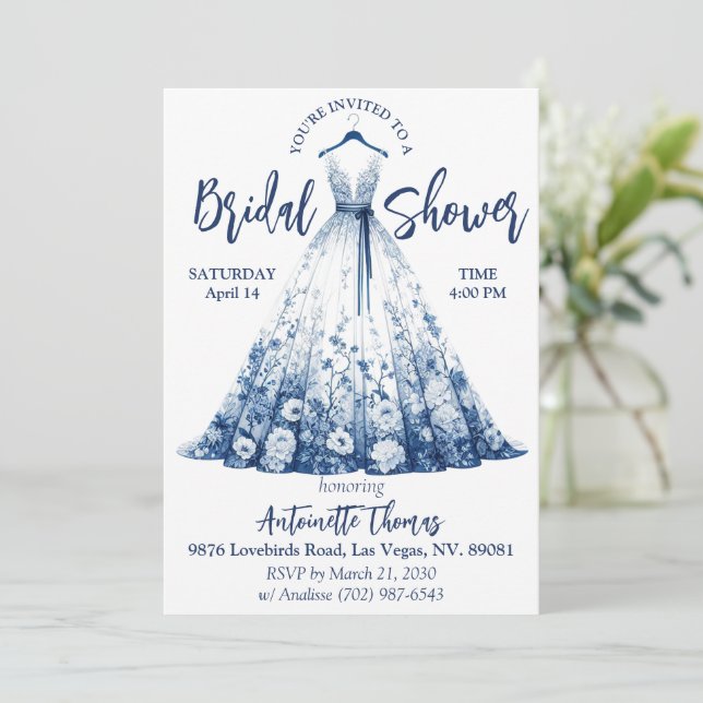 Delft Blue/White Chinoiserie Floral Bridal Shower Invitation (Standing Front)