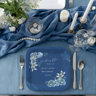 Delft Blue White Chinoiserie Floral Bridal Shower Paper Plate