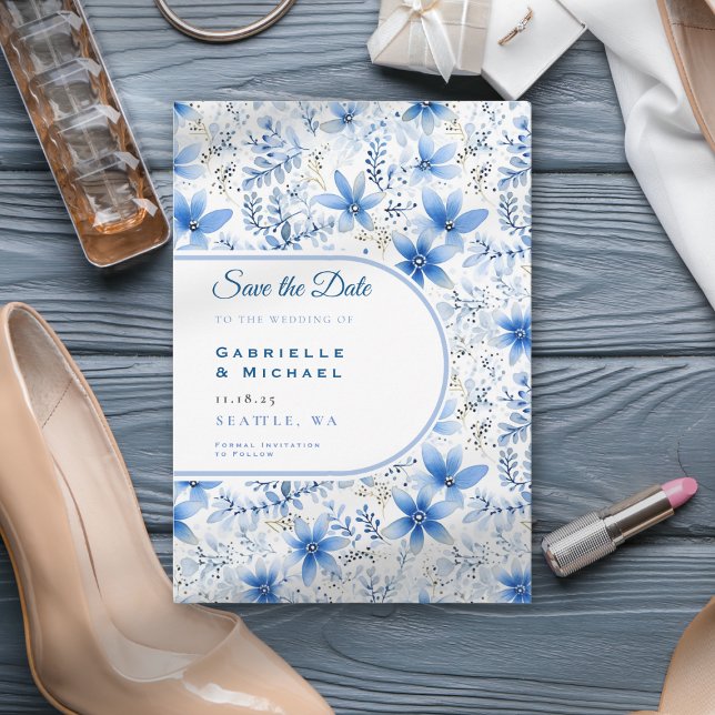 Delft Blue White Chinoiserie Floral Pattern  Save Save The Date (Creator Uploaded)