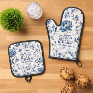 Delft Blue White Porcelain Hampton Floral Grandma Oven Mitt & Pot Holder Set