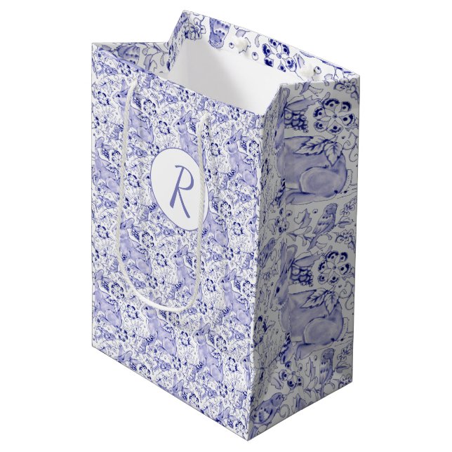 Delft Blue & White Rabbit Birds Easter Monogram Medium Gift Bag (Front Angled)