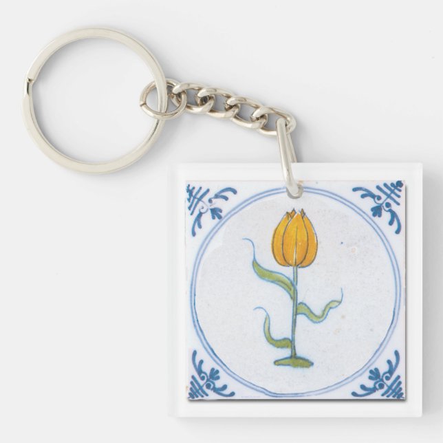 Delft Blue White Yellow Tulip Faux Tile Key Ring (Front)