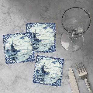 Delft Blue Windmill Waterway Custom Paper Coaster