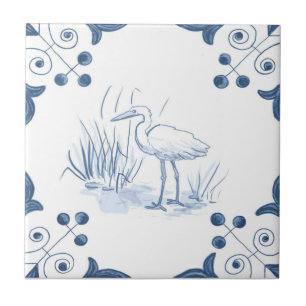Delft Crane Tile with Scroll Corners