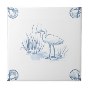 Delft Crane Tile with Shell Corners