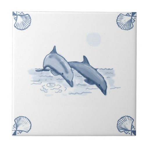 Image of Delft Dolphins Tile with Shell Corners