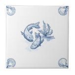 Delft Fish Tile with Shell Corners<br><div class="desc">Blue and white tile reproduced on a smooth surface 4.25" or 6" ceramic tile. Perfect for interior tile wall accents, backsplashes, fireplace surrounds, bathroom and showers walls, kitchens and craft projects. Not intended for outdoor use. Our tiles are copies of costly authentic original antique tiles. Suggestion: Order one tile to...</div>