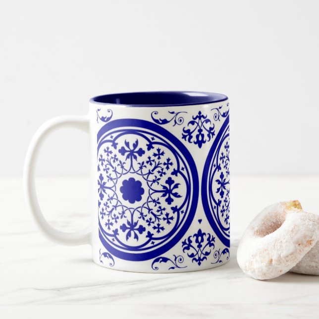 Delft Inspired Vintage Floral Art Coffee Mug (With Donut)