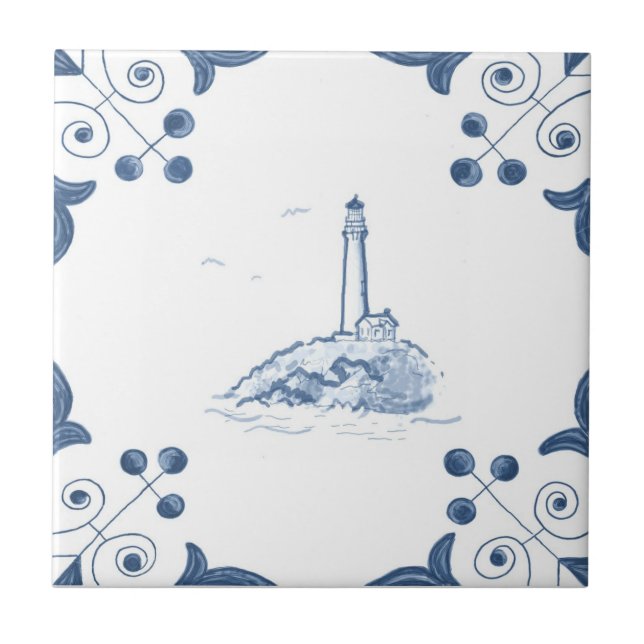 Delft Lighthouse Tile with Scroll Corners (Front)