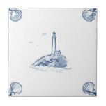 Delft Lighthouse Tile with Shell Corners<br><div class="desc">Blue and white tile reproduced on a smooth surface 4.25" or 6" ceramic tile. Perfect for interior tile wall accents, backsplashes, fireplace surrounds, bathroom and showers walls, kitchens and craft projects. Not intended for outdoor use. Our tiles are copies of costly authentic original antique tiles. Suggestion: Order one tile to...</div>