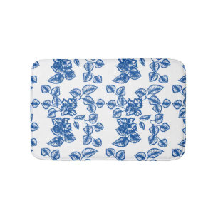 Delft-LIke Blue Floral Print Bath Mat
