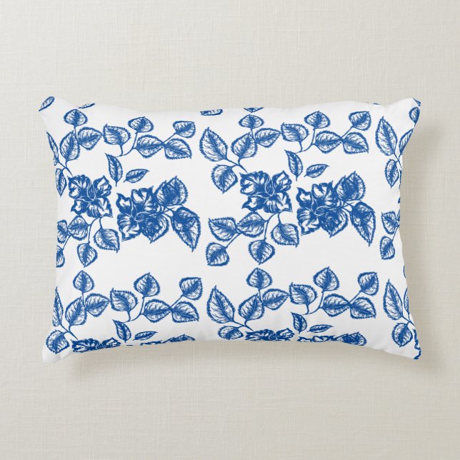 Delft-LIke Blue Floral Print Decorative Cushion (Front)