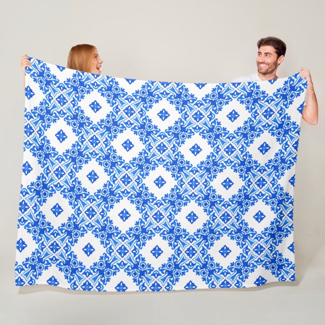 Delft Like - Royal Blue And White Filigree Fleece Blanket (In Situ)