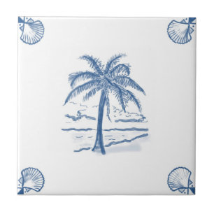 Delft Palm Tree Tile with Shell Corners