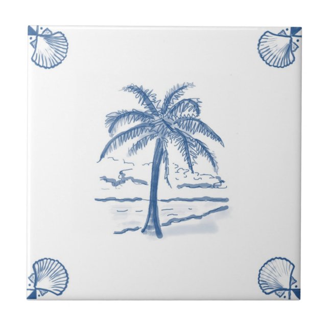 Delft Palm Tree Tile with Shell Corners (Front)