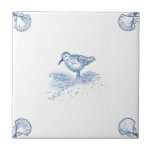 Delft Sandpiper Tile with Shell Corners<br><div class="desc">Blue and white tile reproduced on a smooth surface 4.25" or 6" ceramic tile. Perfect for interior tile wall accents, backsplashes, fireplace surrounds, bathroom and showers walls, kitchens and craft projects. Not intended for outdoor use. Our tiles are copies of costly authentic original antique tiles. Suggestion: Order one tile to...</div>