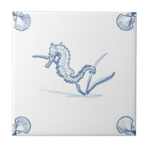 Delft Seahorse Tile with Shell Corners