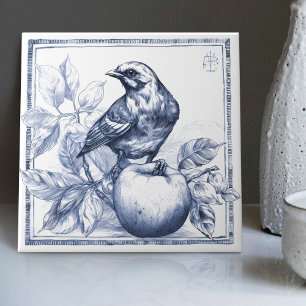 Delft Sparow Apple Art Nouveau Watercolor Decor Tile