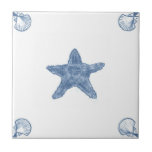 Delft Starfish Tile with Shell Corners<br><div class="desc">Blue and white tile reproduced on a smooth surface 4.25" or 6" ceramic tile. Perfect for interior tile wall accents, backsplashes, fireplace surrounds, bathroom and showers walls, kitchens and craft projects. Not intended for outdoor use. Our tiles are copies of costly authentic original antique tiles. Suggestion: Order one tile to...</div>