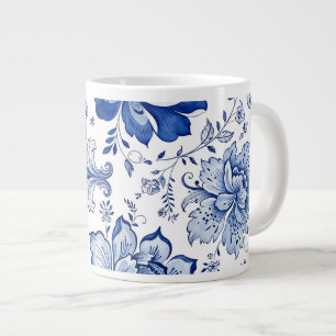 Delft Style Blue White Blossoms Whimsical Fantasy Large Coffee Mug