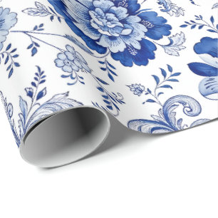 Delft Style Blue White Blossoms Whimsical Fantasy Wrapping Paper