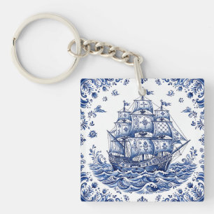 Delft Style Blue White Merchant Ship Key Ring
