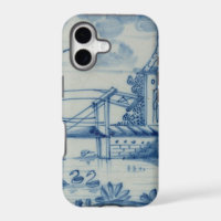 Delft tile showing a drawbridge over a canal, 19th