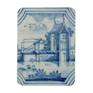 Delft tile showing a drawbridge over a canal, 19th magnet