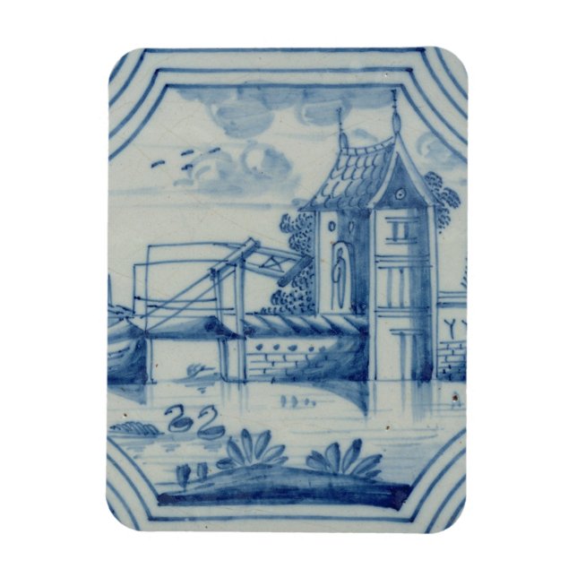 Delft tile showing a drawbridge over a canal, 19th magnet (Vertical)
