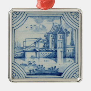 Delft tile showing a drawbridge over a canal, 19th metal tree decoration