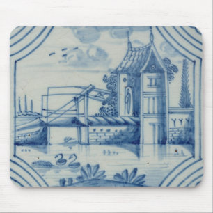 Delft tile showing a drawbridge over a canal, 19th mouse mat